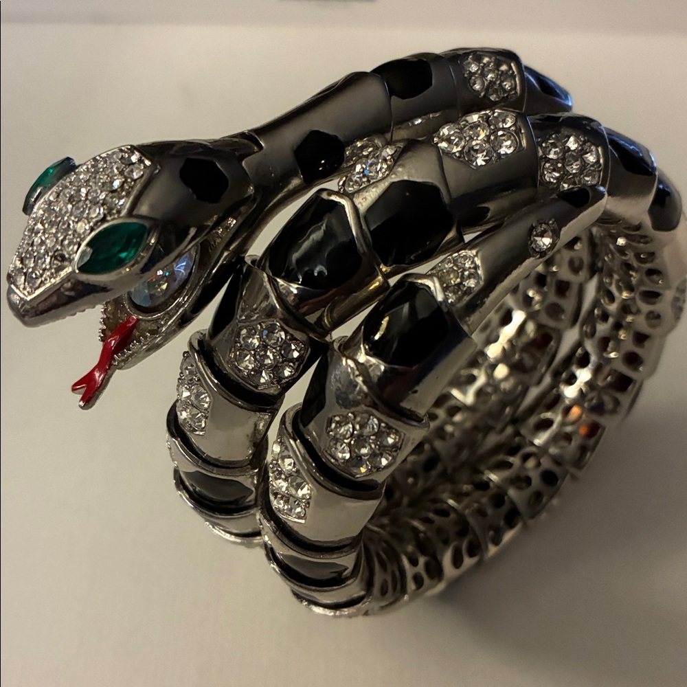 Vintage Silver and Black Coiled Snake Statement Wrap Bracelet